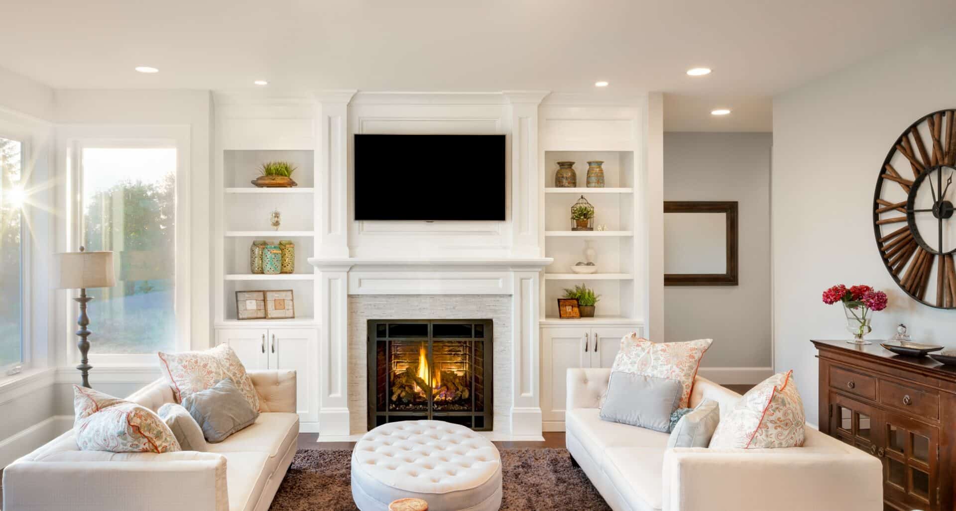 Luxurious Living Room with Fireplace Living room with sun burst in luxury home