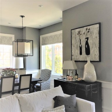 A black and white themed living room