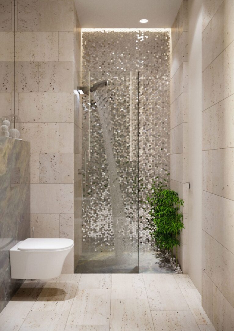 White colored bathroom with a shower
