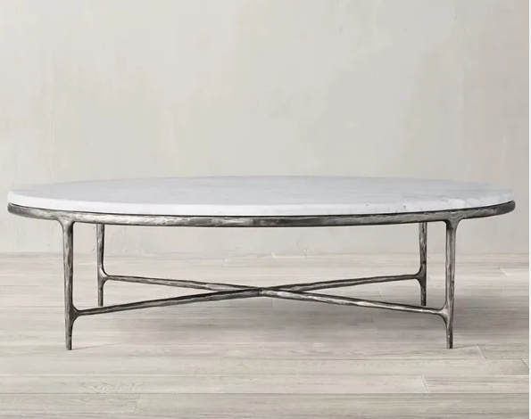 Hammered Wrought Iron & Carrara Marble Round Coffee Table