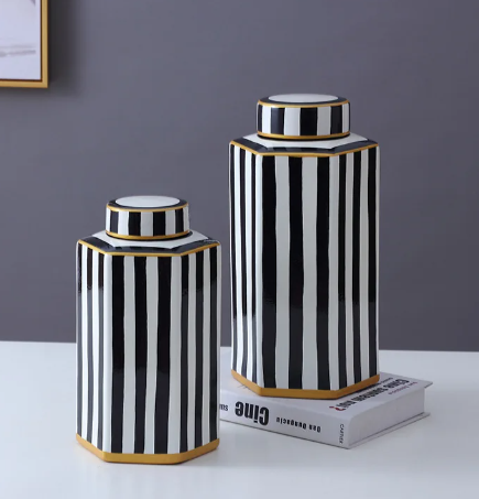 Black & White Striped Ceramic Storage Jars