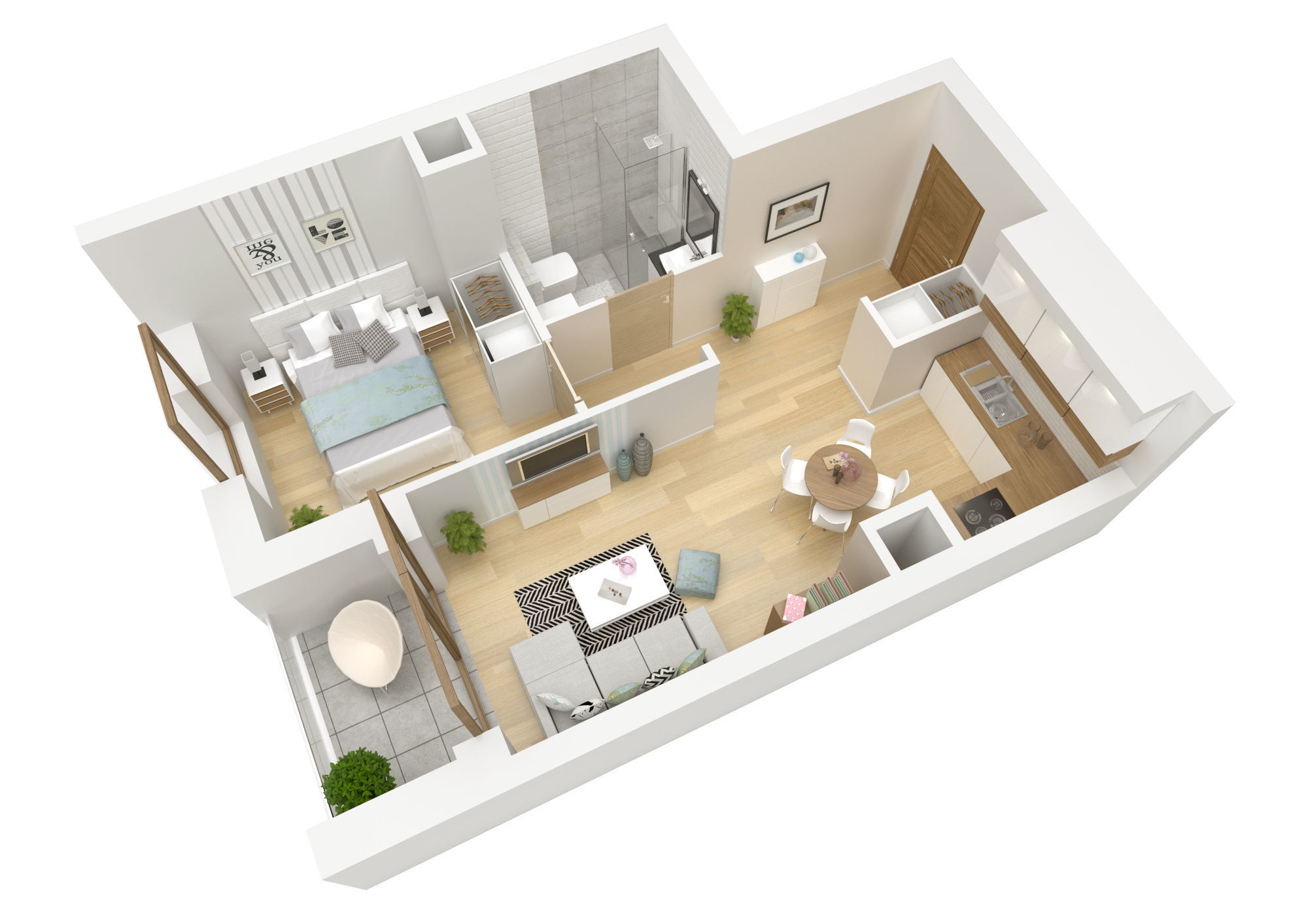 3D floor plan of apartment showing layout and interior design details